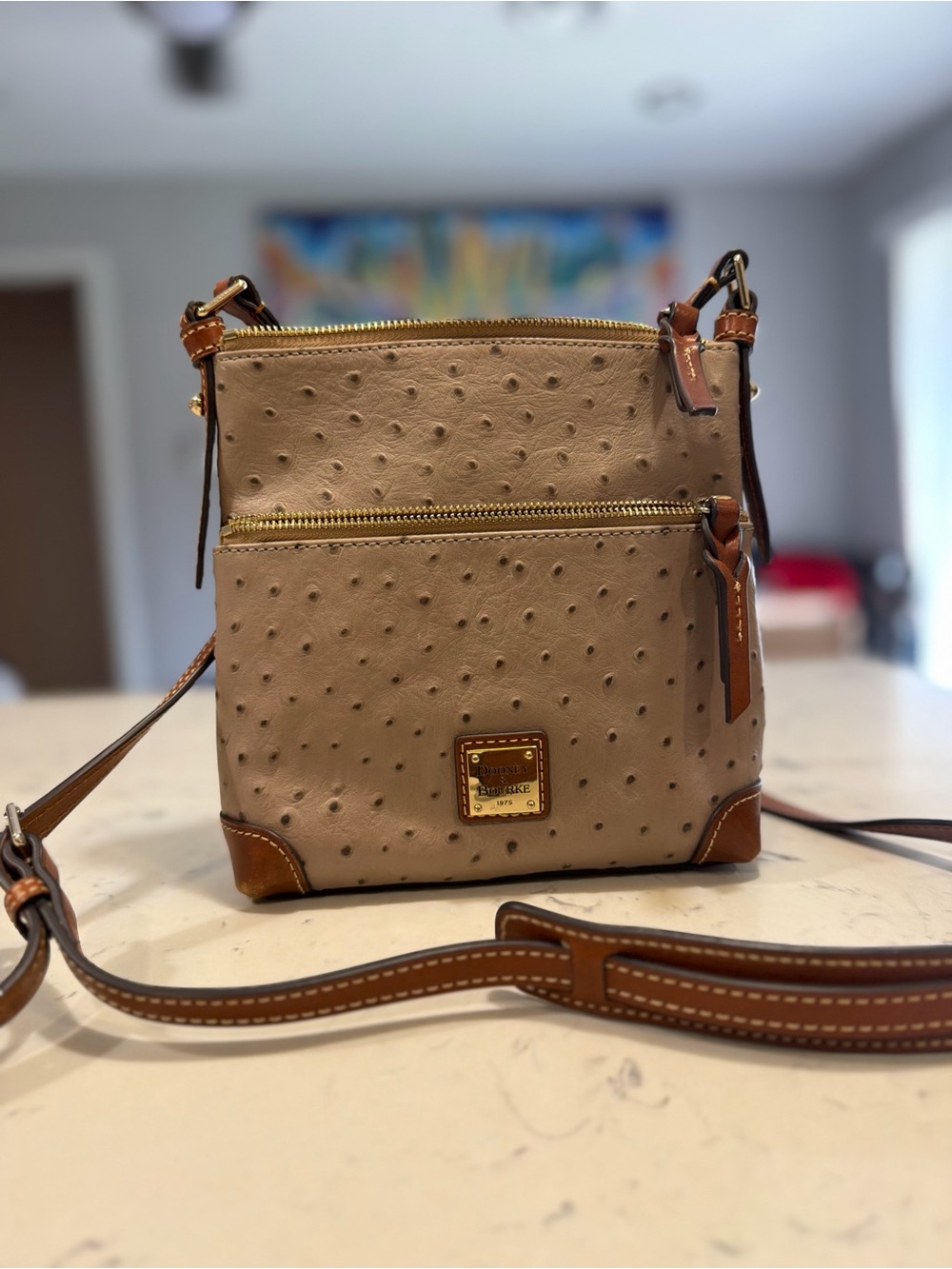 Dooney & Bourke Ostrich Embossed Leather Handbag With Shoulder Strap And Bag VTG